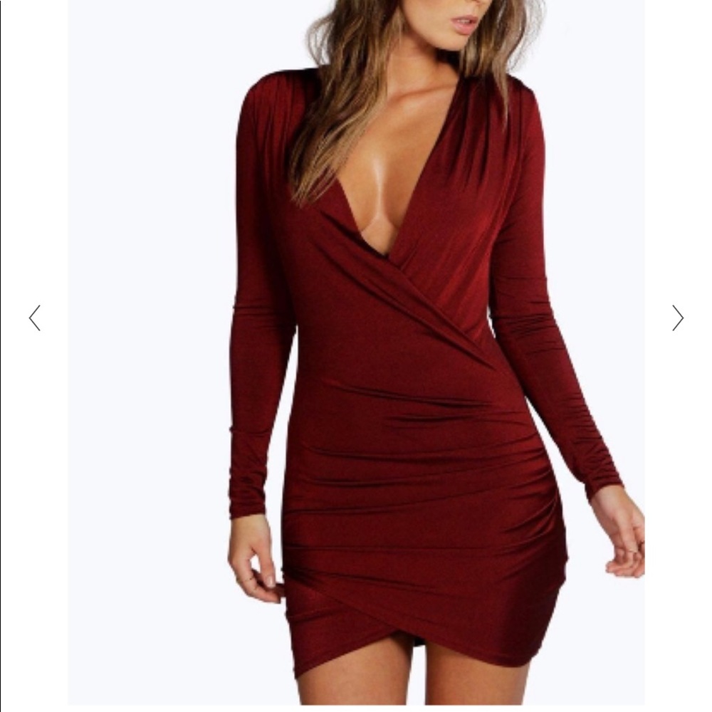 Boohoo burgundy long sleeve mini dress